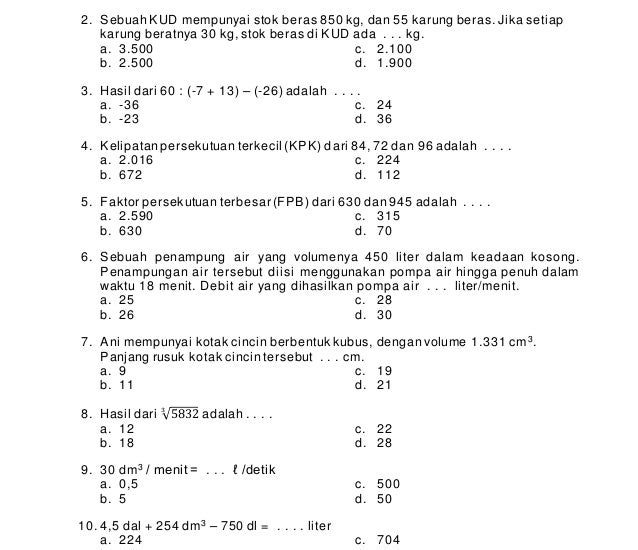 bank soal matematika kelas 5 semester 1 kurikulum 2013