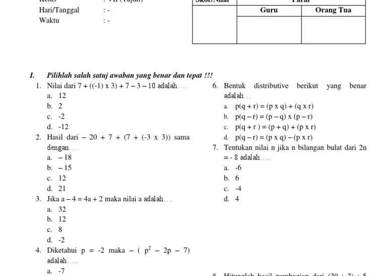 kumpulan soal soal matematika kelas 7 semester 1