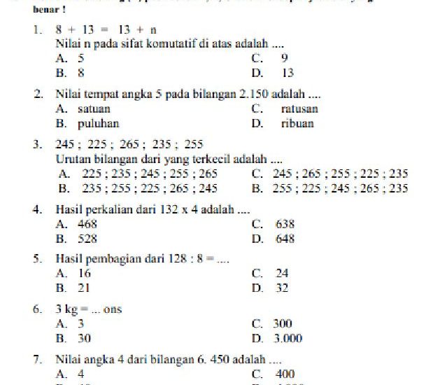 soal kelas 4 semester 1 dan kunci jawaban