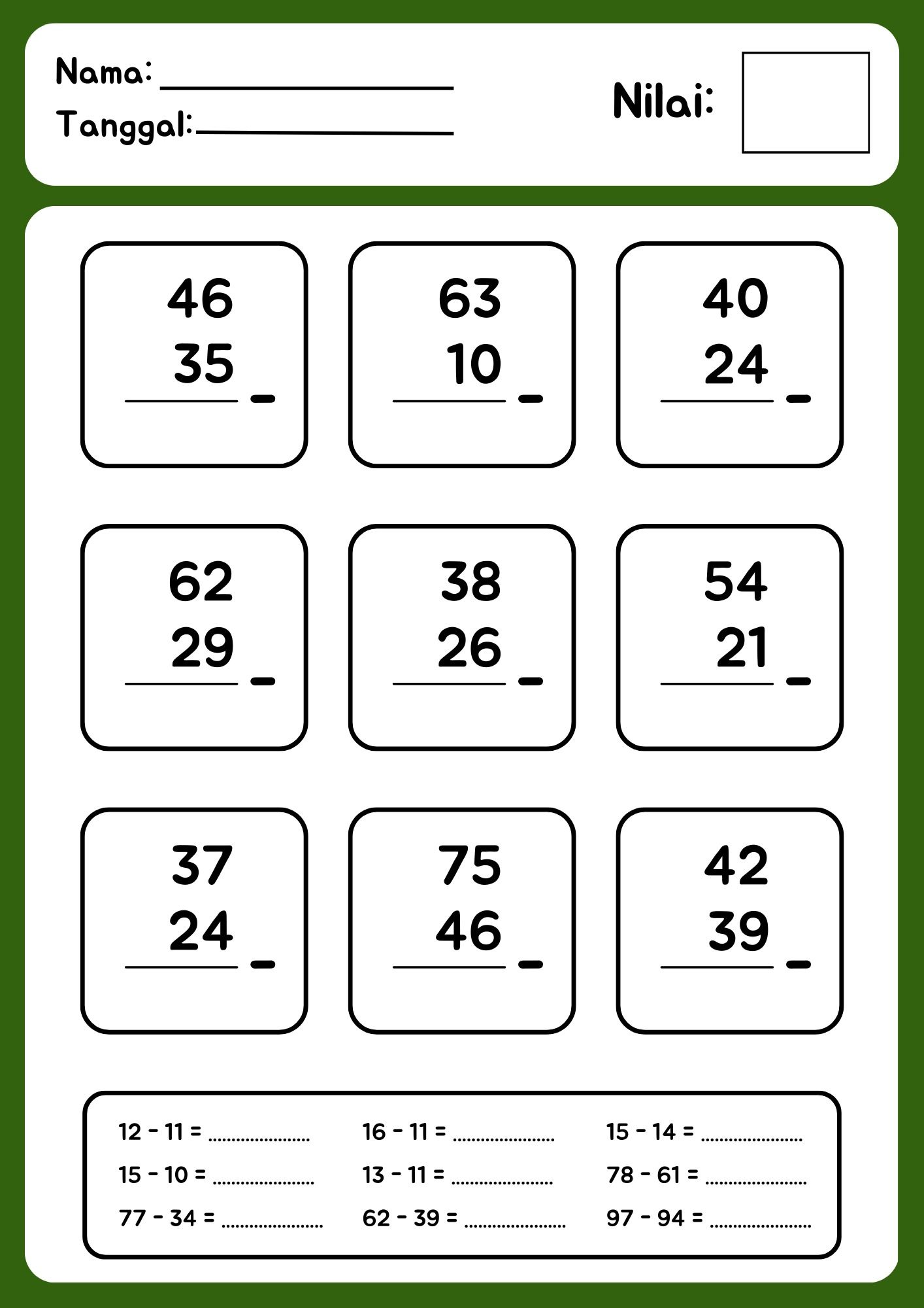 Download PDF Soal Pengurangan Bersusun untuk Kelas 1 dan 2 SD - Brillie