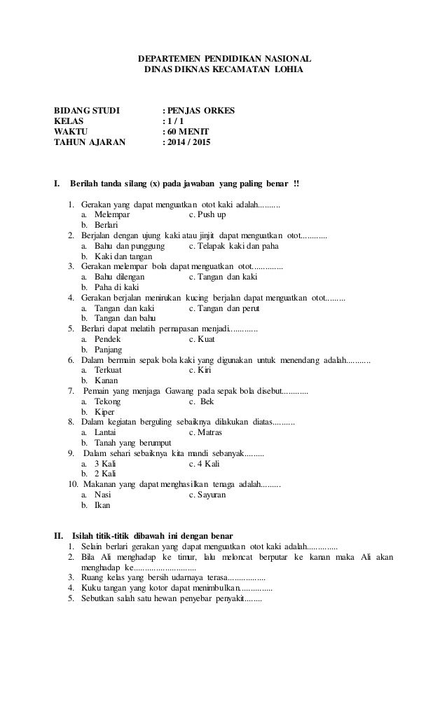Soal Penjaskes Kelas 4 Sd Semester 1 Dan Kunci Jawaban - Ahli Soal