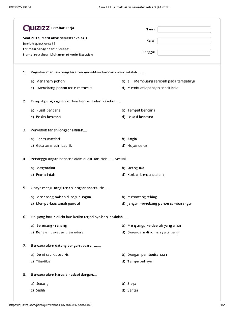 Soal PLH Sumatif Akhir Semester Kelas 3 Quizizz PDF