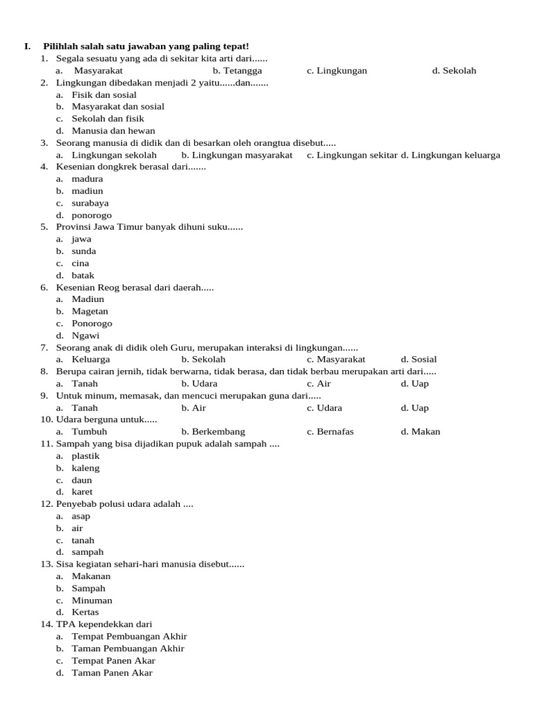 Soal PLH Kelas 3 Semester 1 PDF