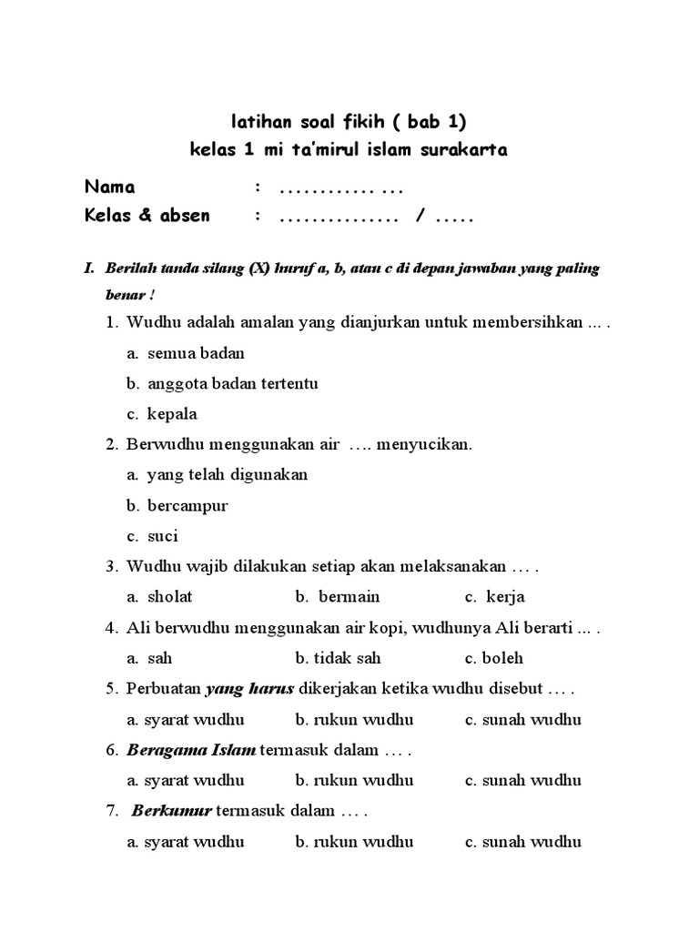 Memahami Kesucian Sejak Dini Contoh Soal Ulangan Harian Fiqih Kelas 1