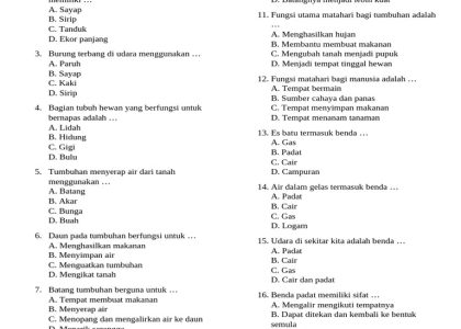 soal sains kelas 2 sd semester 1