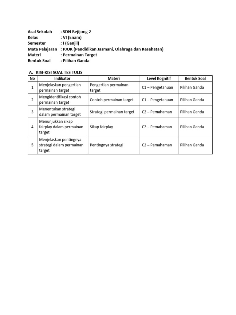 Kisi-Kisi Soal PJOK Permainan Target PDF Kisi-Kisi Soal PJOK Permainan Target PDF