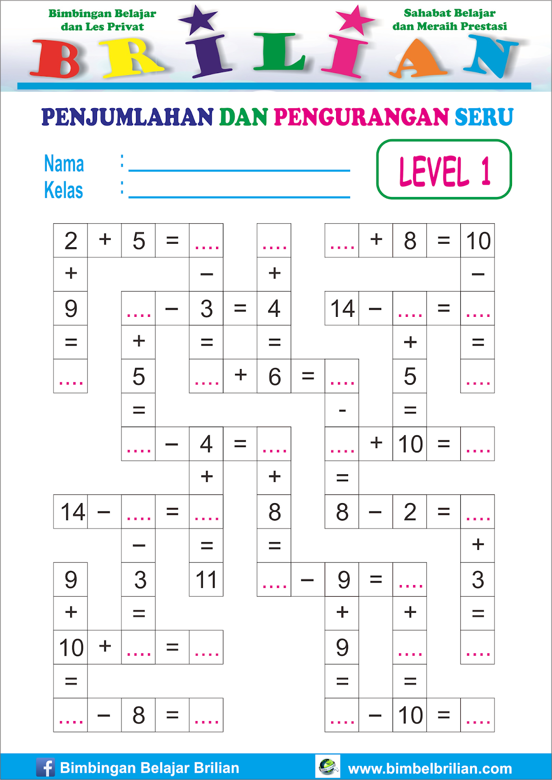 Soal Matematika Kelas 1 SD Penjumlahan dan Pengurangan Hojas de