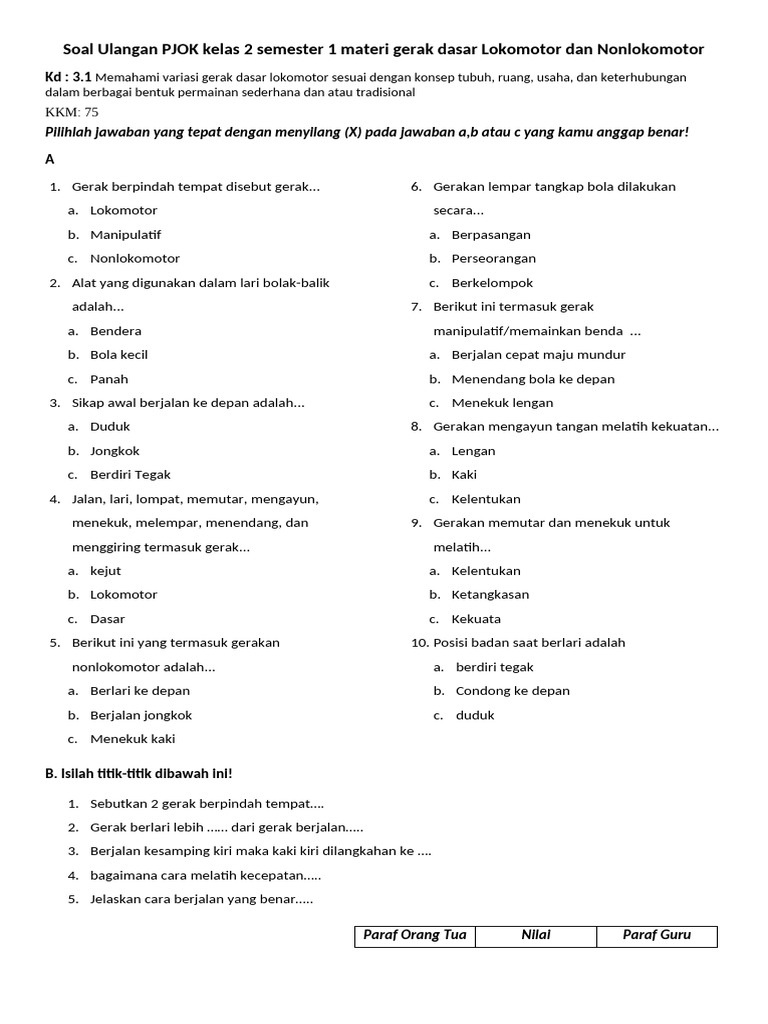 Soal Ulangan Gerak Dasar PJOK Kelas 2 PDF Soal Ulangan Gerak Dasar PJOK Kelas 2 PDF