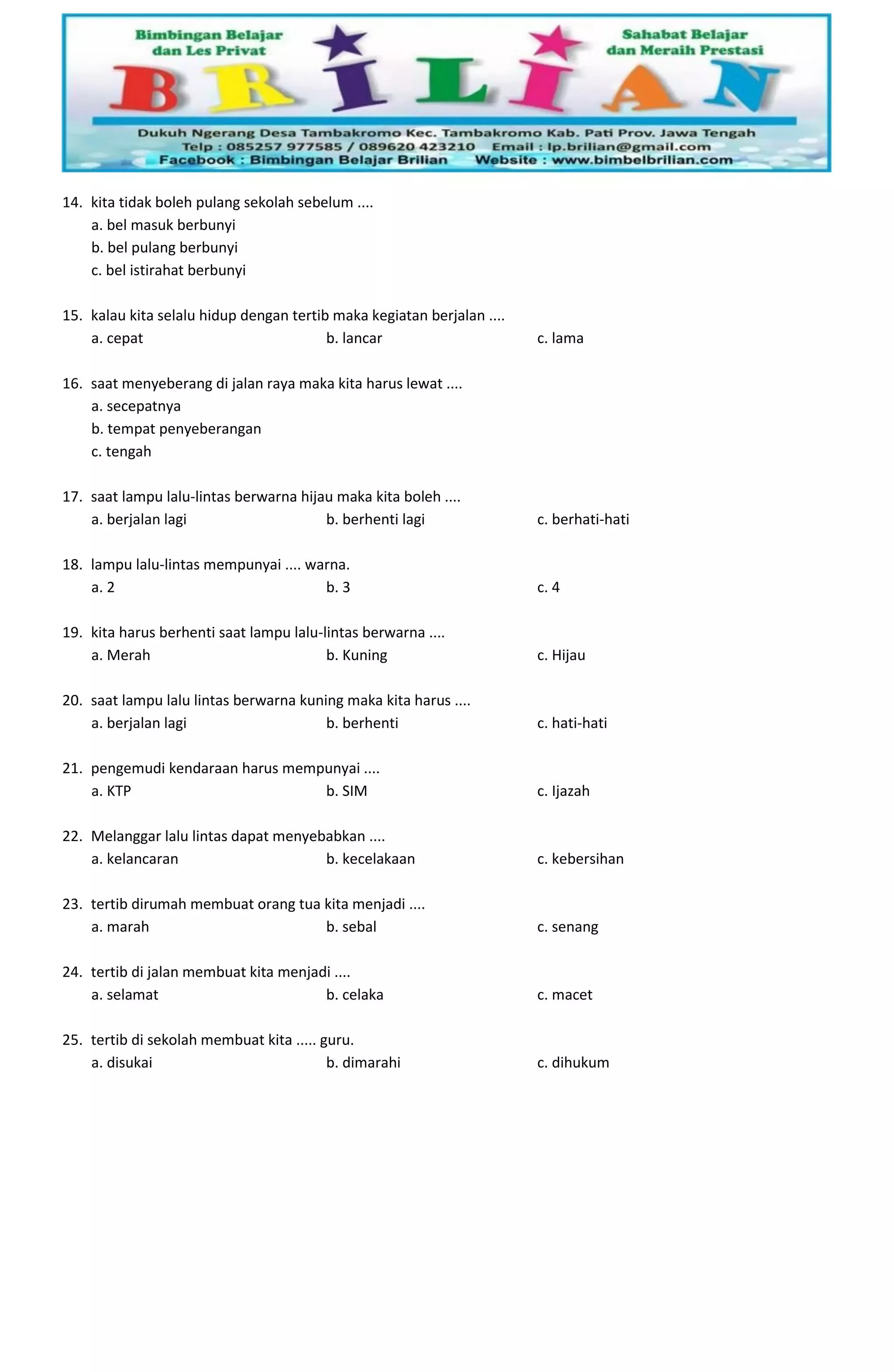 Indonesian educational worksheet Soal pkn kelas 1 sd Latihan soal