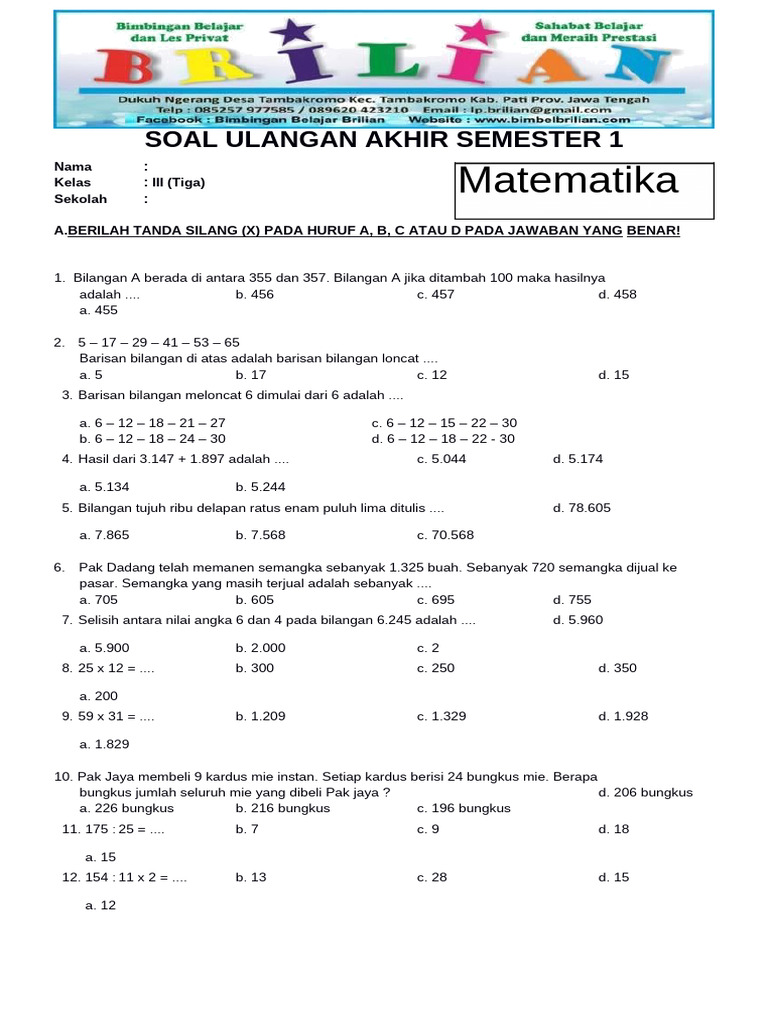 Ternyata Ini Rahasia Jitu Jawab Latihan Soal UAS Matematika Kelas 3 SD Semester Ganjil agar Nilai 100
