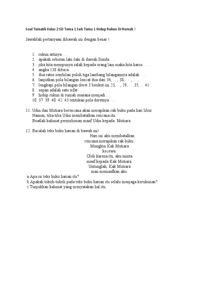 Terungkap Contoh soal tematik sub tema 1 kelas 2 semester 1 20 soal + kunci jawabannya