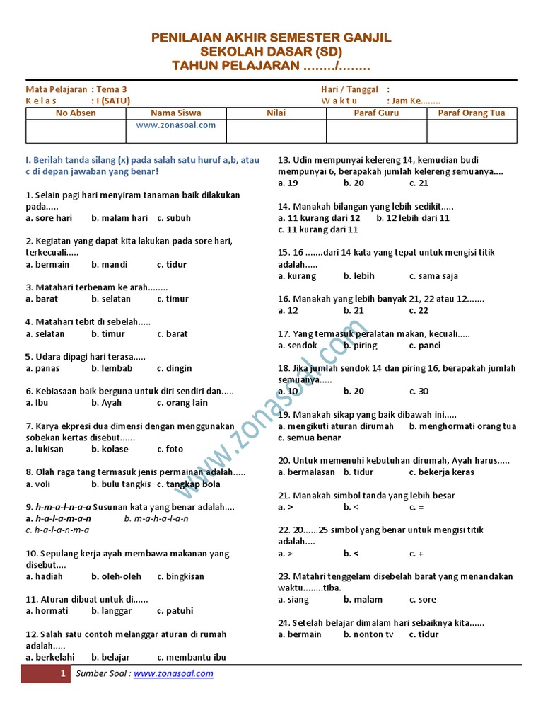 latihan soal uas sd semester 1 kelas 1 tema 3