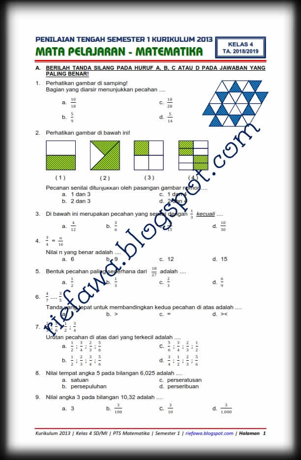 Soal Pts Matematika Kelas 4 Semester 1 Kurikulum 2013 Soal Pts Matematika Kelas 4 Semester 1 Kurikulum 2013