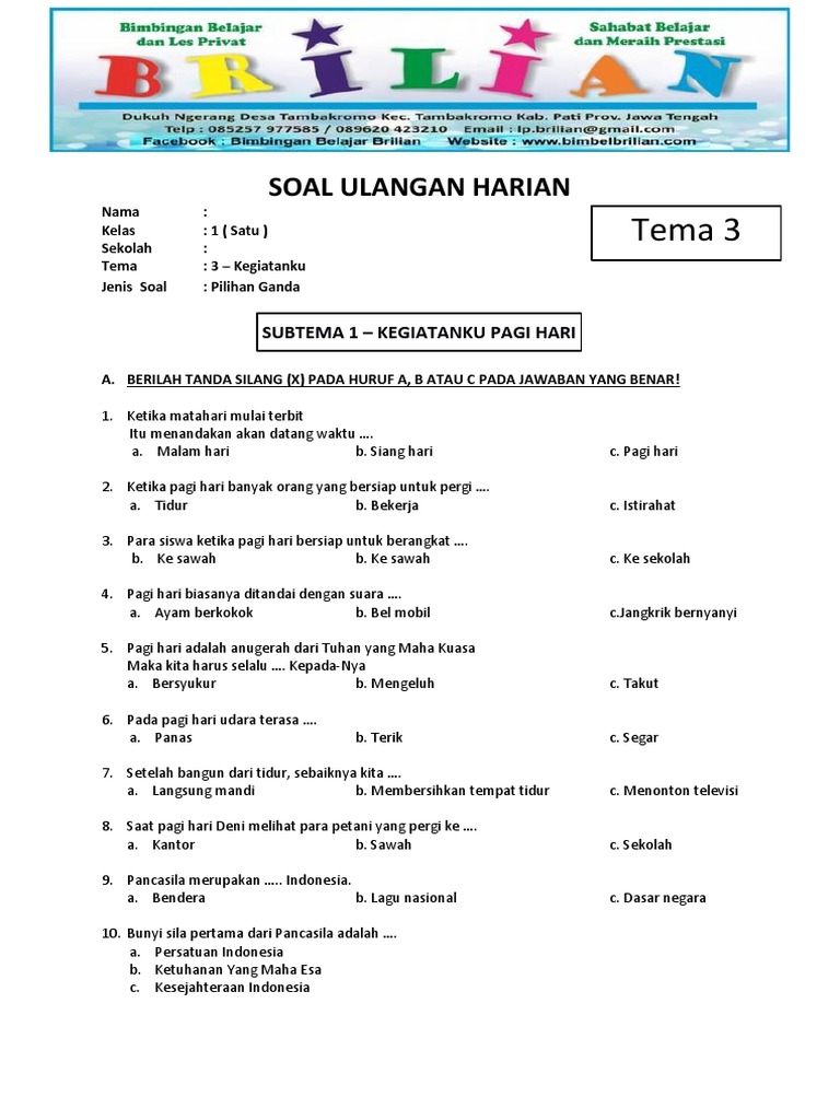 Wajib Tahu 10 Soal Soal Kurtilas Kelas 1 SD Tema 3 Agar Anak Makin Pintar