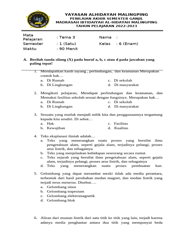 Wajib Tahu! Kumpulan soal soal kelas 6 tema 3 untuk Persiapan Ujian Akhir